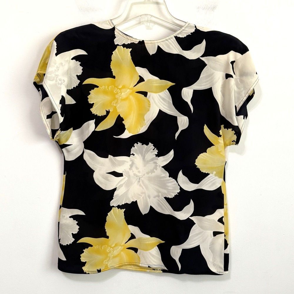 MaxMara Top 4 Silk Black Yellow Floral Cap Sleeve Italy Party Career Shell Shirt